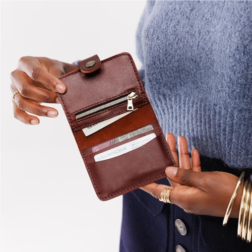 Image of Portland Leather Goods Women's Mini Bifold Wallet - Slim, Palm-Sized Design with Secure Snap Closure, 2 Card Slots, 2 Cash Slots & Zippered Coin Pocket - Cognac