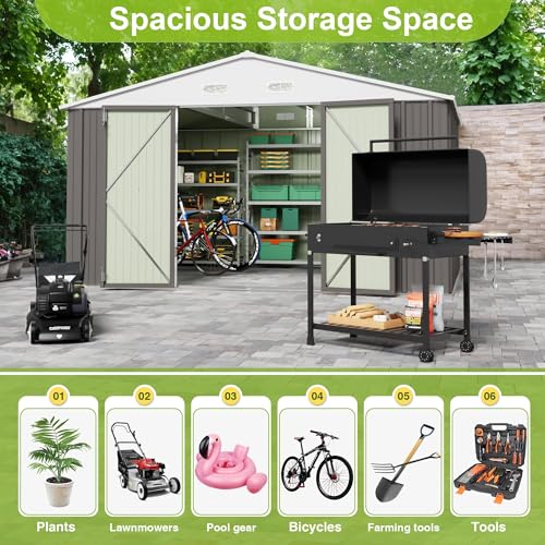 Image of JUMMICO 10 x 10 FT Outdoor Storage Shed, Large Metal Garden Shed & Tool Sheds for Backyard Garden Patio Lawn (Grey)