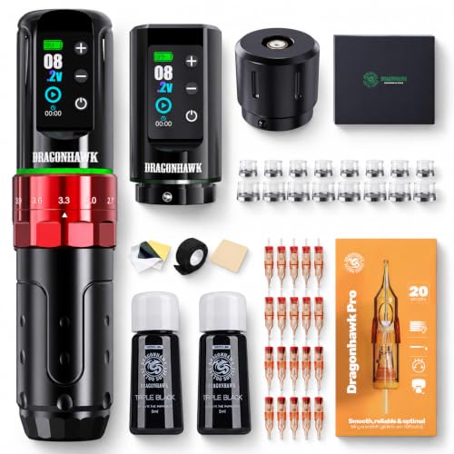 Dragonhawk L3 Red Wireless Tattoo Kit | Complete Set with Dual 2000mAh Batteries, 7 Strokes 2.4-4.2mm, Mcore Motor, Cartridge Needles, RCA Backup, for Beginners