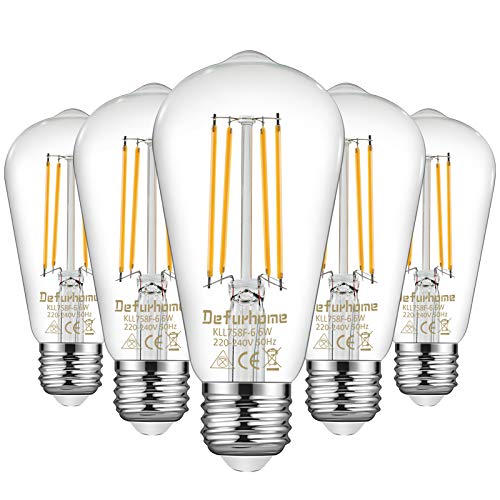 Defurhome ST58 E27 6W LED Edison Light Bulbs 60W Equivalent, Daylight White 5000K, Not Dimmable, Clear Glass, E27 Base Lamp for Home, Restaurant, Reading Room, Pack of 5
