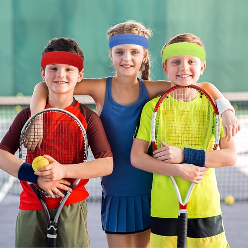 Image of Crowye 100 Pcs Neon Sweatbands Bulk 80s 90s Sports Headbands Colourful Tennis Headbands International Countries Sports Games for Men Women Competitions Glow Party