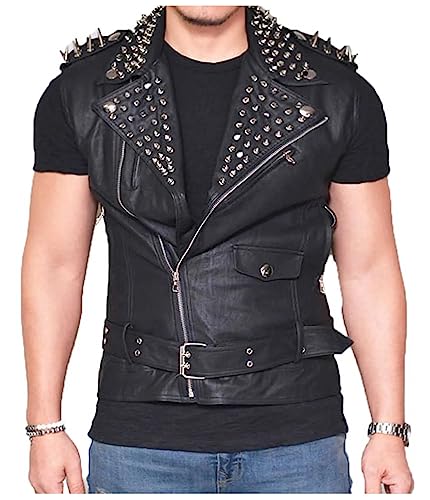 Mens Punk Rock Stud Leather Vest | Motorbike Brando Style Slimfit Leather Jacket2