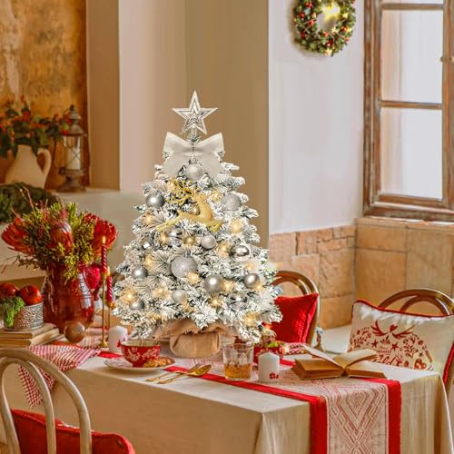 Mini árvore de Natal com luzes, mini árvore de Natal artificial de 60 cm com 24 peças de decorações