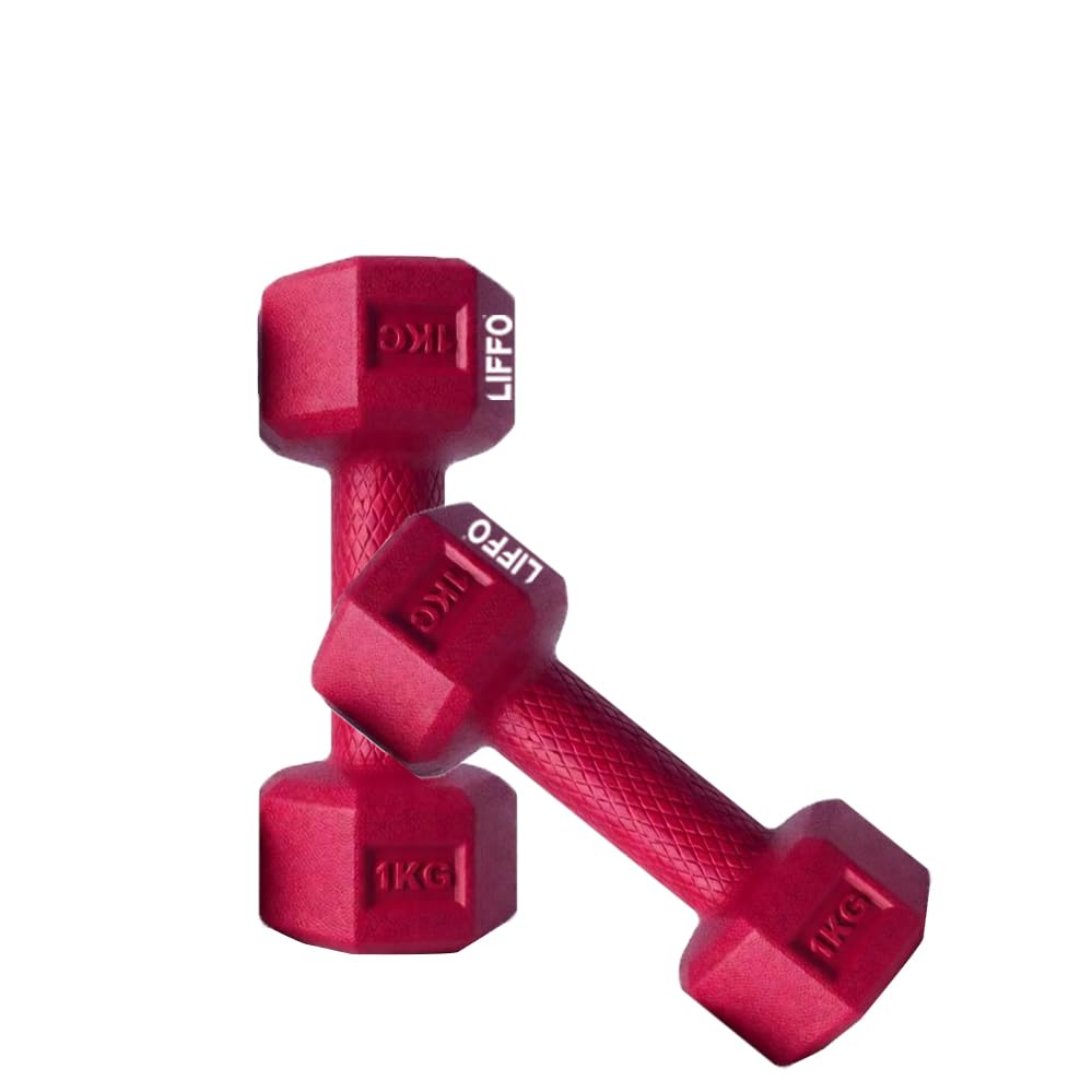 Image of Liffo Dumbbell 1Kg Pair Hexa PVC Dumbbells Set For Home Gym, Exercise & Fitness Dumbbell (Red) Fixed Weight Dumbbell Home And Gym Use (1Kg X 2PCS)