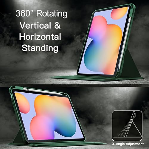 Image of TGK Rotating Case for Samsung Galaxy Tab S6 Lite 10.4 inch SM-P610 P615 P613 P619 with Pencil Holder Trifold Stand Cover Clear Back (Forest Green)