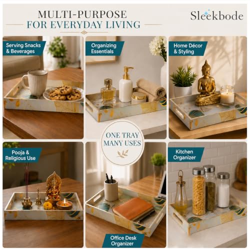Image of Wooden Serving Tray Set of 3 | Enamel Coated Waterproof Rectangular Trays with Gold Engraving | Tea, Snacks & Dining Table Decor | Home & Kitchen Decorative Center Table Trays