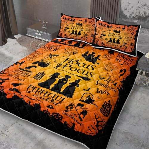 MILANKET 3pcs Witches Print Quilt Set Queen Size for Kids Teens Orange Halloween Bedspread Coverlet Lightweight Microfiber Bedding Set with 2 Pillow Shams