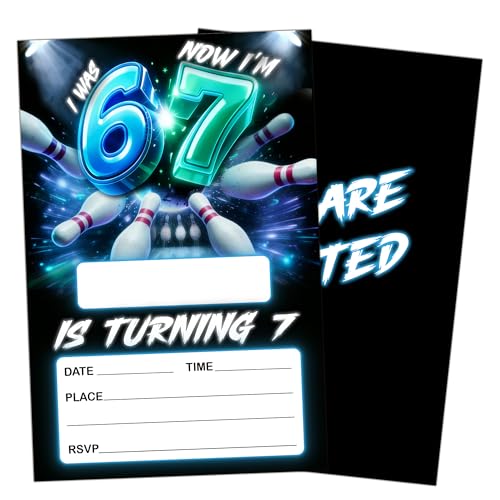 Eronm 7th Birthday Invitations for Boys, I Was 6 Now I'm 7 Bowling Party Invitations, 20 Pack Birthday Invite Cards with Envelopes, Teen Girls Boys Bday Party Supplies Decorations-D10