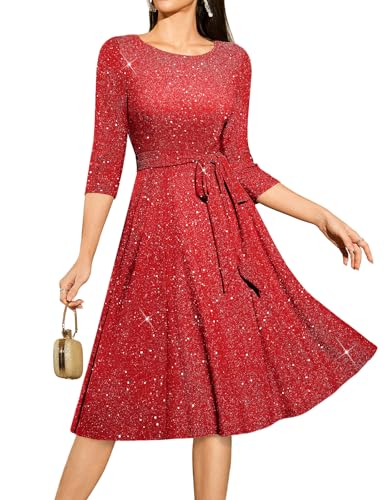 DRESSTELLS Cocktail Dresses for Women UK, Wedding Guest 3/4 Sleeve Sparkly Holiday Prom Party Dress, Sequin Aline Modest Mother of Bride Midi Dress Glitter Red L