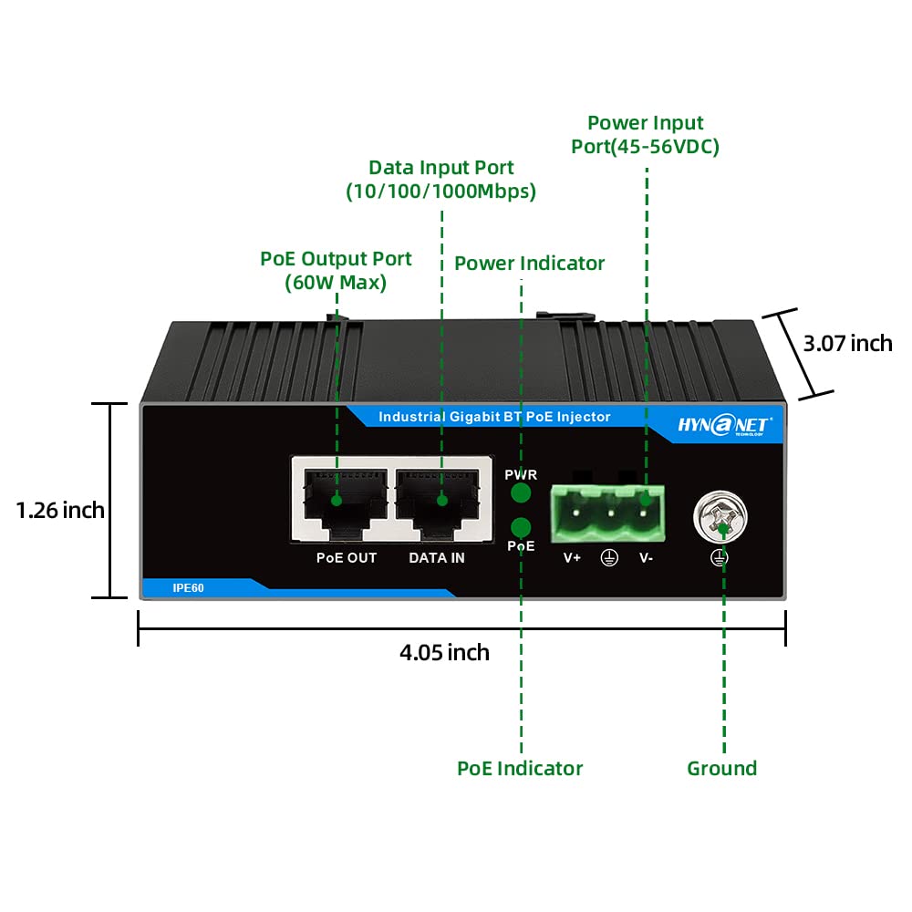 HYN@NET Gigabit Industrial PoE Injector 60W IEEE802.3at /af Compliant 45V-56V DC Input PoE Power Adapter with Din-Rail Installation