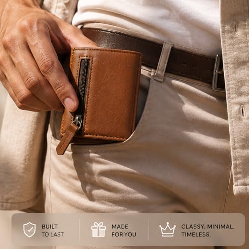 Image of Slim Leather Card Holder Wallet, Black, RFID Blocking, Zipper Pocket, Pop-Up Card Ejector (TAN)