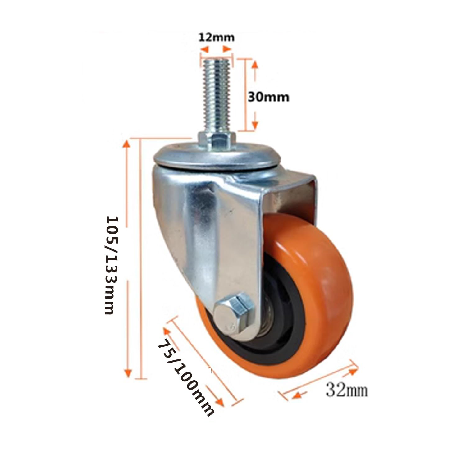 Lot de 4 roulettes pivotantes pour meubles de 75/100 mm avec tige filetée M12, roues avec tige de roulement et verrouillage, résistantes à l'usure, pivotantes de 10 cm.