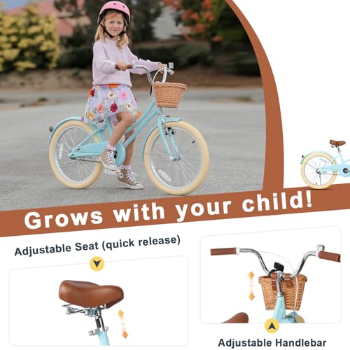 Image of Glerc Little Molly 12-20 Inch Kids Retro Cruiser Bike for 2-13 Year Old with Wicker Basket & Training Wheels /Kickstand, Multiple Colors