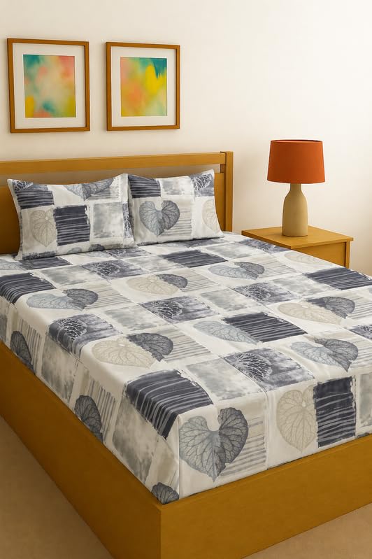 Image of Fitted Sheet Grey Leaf Patch Print Fitted Bedsheet | Glace Cotton 140 TC | Single Size (36x75 inch) with 2 Pillow Covers (18x28 inch) | Deep Pocket up to 10 Inches - Soft & Comfortable