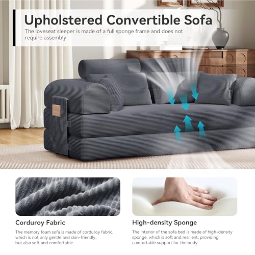 Image of Upgrade High Backrest Design Sofa Bed with Fixed-Shape Frame & Removable Armrests and Backrest, Corduroy Fabric, Convertible Couch for Small Spaces - No Assembly Needed (Dark Gray)
