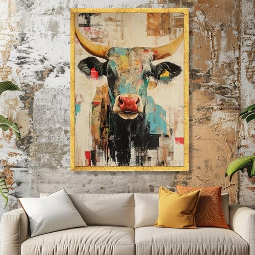 Art mural taureau multicolore abstrait 60x90cm grand format sur châssis