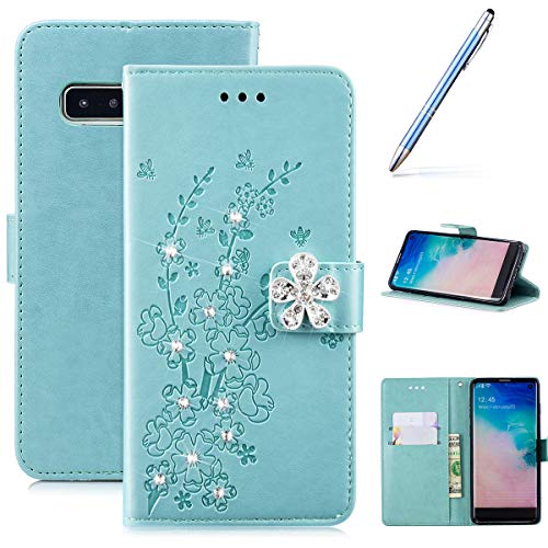 Robinsoni Case Compatible with Samsung Galaxy S10 PU Leather Case Wallet Case Sparkle Bling Cover Glitter Notebook Magnetic Flip Stand Cover Cash Pouch Folio Gel Bumper Protective Shell, Green