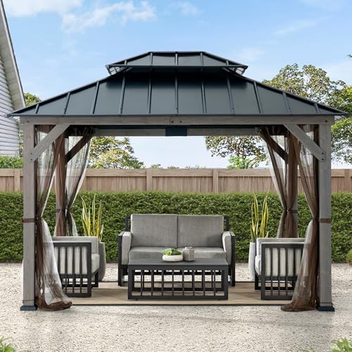 SUNJOY 10x12 Hardtop Wood Gazebo with Galvanized Steel Roof, LED String Lights & Mosquito Netting, Outdoor Permanent Pavilion Cedar Gazebo for Backyard, Garden, Patio, Deck, Lawn - Matte Black Roof