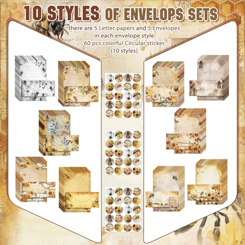 Image of TaoBary 160 Pcs Stationery Paper Set 50 Double Sided Stationery Paper with 50 Matching Envelope and 60 Round Dot Sticker, 10 Design (Vintage Bee Floral Butterfly,8.5 x 11 Inch)