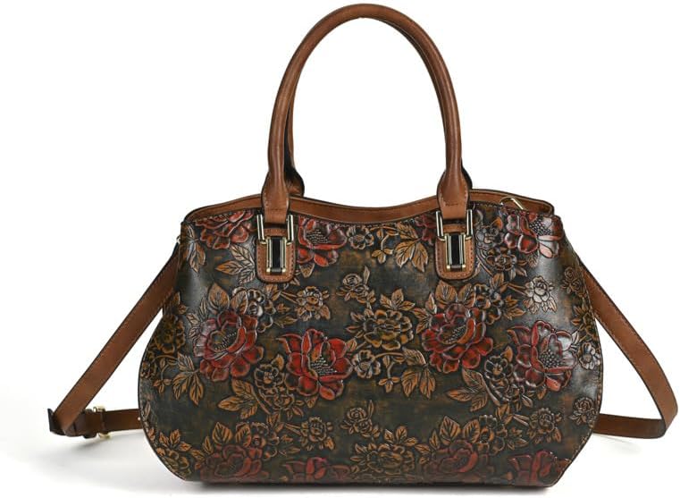 Women's Genuine Leather Top Handle Satchel Handbag Retro Pattern Crossbody Flower Embossed
