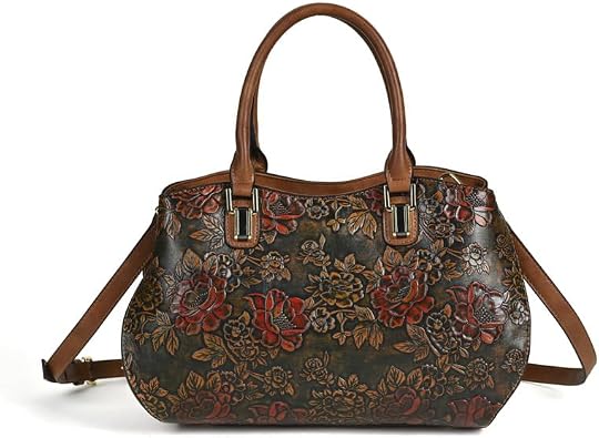 Womens Genuine Leather Top Handle Satchel Handbag Retro Pattern Crossbody Flower Embossed
