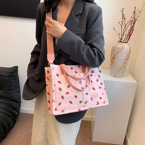 Image of Cherry Tote Bag for Women Canvas Patched Purse Cute Shoulder Bag Multi-Pocket Satchel Handbag for work travel