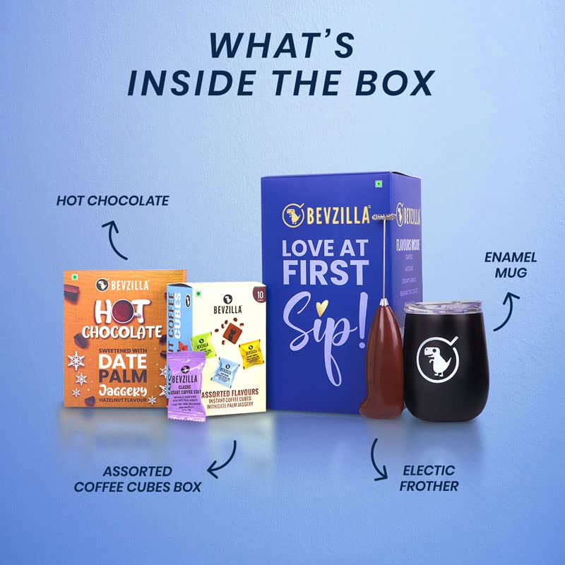 Image of Bevzilla 10 Assorted Coffee Cubes, Hot Chocolate (Original), Coffee Tumbler & Electric Frother | Perfect For Gifting | Gift Box| Premium Tumbler| Date Palm Jaggery