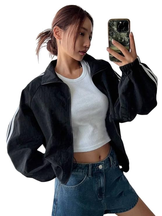 maykr Women's Casual Black Bomber Jacket with Striped Sleeves, Zip-Up Athletic Streetwear for Winter-picture-28