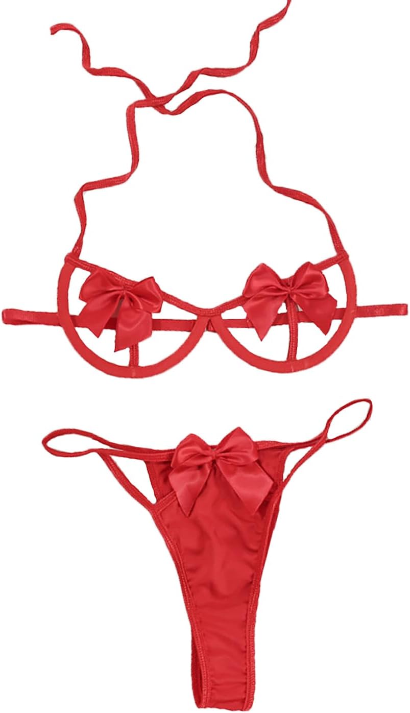 Women Cute Bowknot Bra and Panties Set Halter Neck Sexy Babydoll Lingerie Set Adjustable Self Tie Strap Teddy Underwear Naughty Sleepwear Nighties for Christmas Valentines Gift