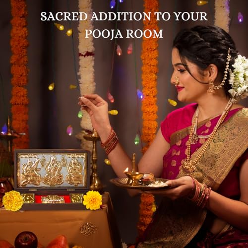 Image of Laxmi Ganesh Saraswati Pocket Temple for Pooja Room, Gifting for Wedding /Marriage | Gold Plated Photo Frame with & Charan Paduka - (Large) 8.4x4.5 Inch - Pack of 1