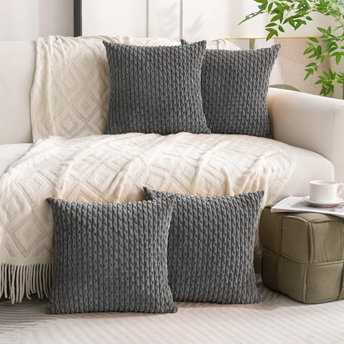 Set of 4 Dark Grey Decorative Throw Pillow Covers 24x24 Inch Corduroy Pillow Covers for Bed Couch Sofa Living Room Soft Square Cushion Cases
