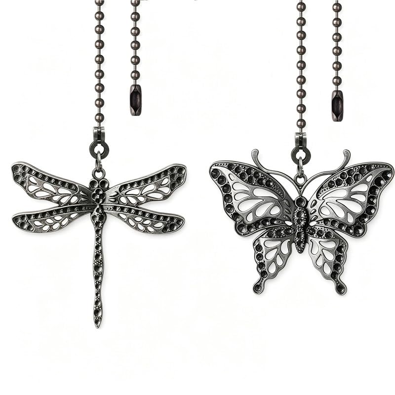 Image of 2Pcs Dragonfly and Butterfly Ceiling Fan Pull Chain, 14inch Fan Light Extender Pendant Ornaments Extension,Orb Black Pull Chain