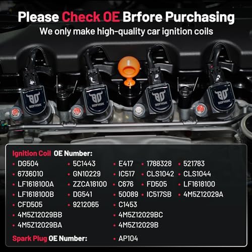 Image of BDFHYK Ignition Coil Pack DG504 FD505 and Iridium Spark Plug AP104 Compatible with Ford Focus 2003-2010 Ford Escape 2005-2008 Mercury Mariner Mazda 3 Tribute Ford Oem Coil Packs 2.0L L4 Set of 4