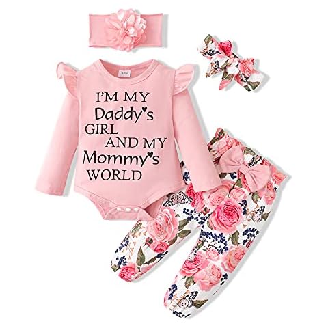 SUNNY PIGGY Baby Girl Clothes Newborn Outfit Infant Winter Fall Letter Print Flower Pants Set Long Sleeve Romper Baby Girl's Clothing with Headband 3-6 Months Pink 4PCS Cover