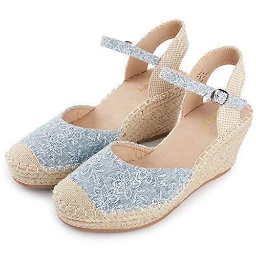 Alexis Leroy Women’s Embroidered Closed Toe Buckle Strap Espadrilles Wedge Sandals Blue 8-8.5 M Us #TOP6