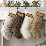 Personalized Christmas Stockings, 4 Pcs 18 Inch Neutral Luxury Thick Plush Faux Fur Stocking, Neutral Colors of White Brown Grey, Christmas Home Décor Xmas Party Christmas Decorations Winter Gifts