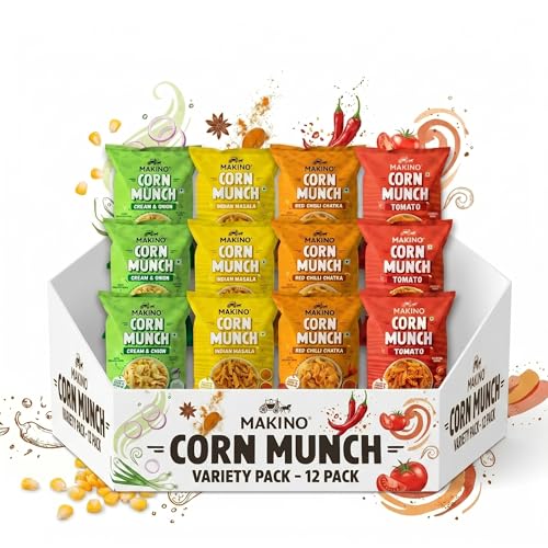 Image of Makino Corn Munch Indian masala, Tomato, Cream & Onion & Red Chilli Chatka, Pack of 12 (150g) Each - First Time in India, Creamy & Zingy Fusion Flavour, Irresistible Snack, Zero Trans Fat, Gluten Free & No MSG