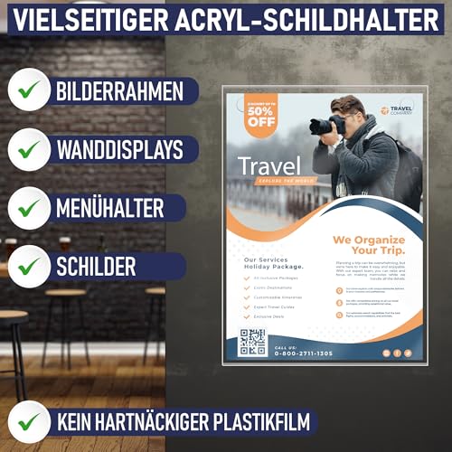Acryl Schildhalter A4, 6 Stück, Transparenter Rahmen Papierhalter mit mehreren Befestigungsoptionen inklusive, Wandmontage Posterhalter, Kunststoff-Notiztafel für Zuhause, Büro (A4-6 Stück)