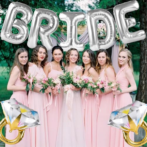 Image of Large Bride Balloons Silver with 2 Ring Balloons for Bridal Shower Bachelorette Engagement Party Decorations, Silver