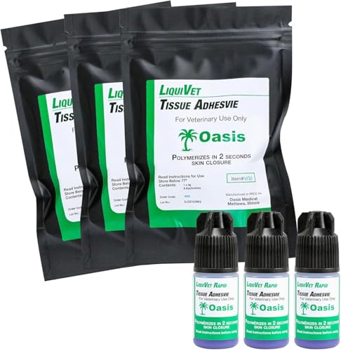 3 Pack Liquivet Rapid 2 Second Tissue Adhesive, Vet Skin Glue, Tissue Wound Cut Skin Closure, 3mL Bottle and 6 Applicators