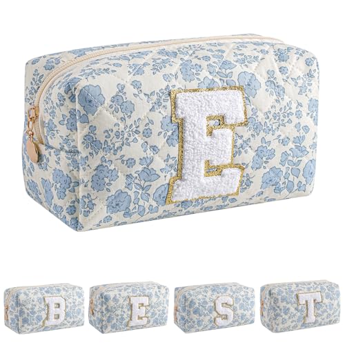 JOVAKIT Alphabet Makeup Bag Cosmetic Bag for Women, Christmas Gifts for Girls Age 6-18, Floral Flowers Coquette Travel Toiletry Zipper Make Up Pouch Organizer Trendy Stuff (Blue Floral E)