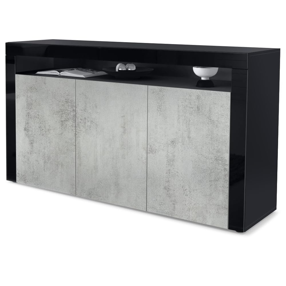 Vladon Buffet Valencia, Commode avec 3 Portes et 1 Compartiment Ouvert, Noir Mat/Aspect béton oxyde/Noir Haute Brillance (155 x 92 x 40 cm)