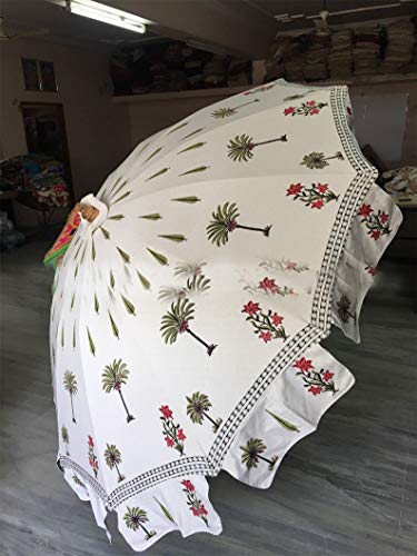Palm Tree Hand Block Print White Umbrellas-Decorative Large Garden Umbrella Parasols, Uv Protection Indian Garden Umbrella- Outdoor Umbrella Sun Shade Umbrellas For Weddings #TOP3
