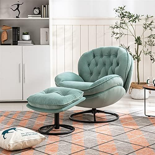 Velvet Swivel Accent Chair with Ottoman Set, Modern Lounge Chair with Metal Base Frame & Footrest, Comfortable Single Leisure Sofa Chair Reading Chair with 360 Degree Swiveling for Living Room, Teal