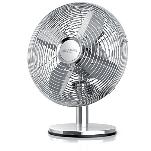 Brandson - Ventilateur de table silencieux 30W, Design rétro chromé industriel, Desk fan, 3 vitesses, mobile portable, Oscillation 80°, Inclinable à 40°, Boîtier métallique, Modèle Silverline clair