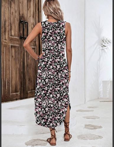 Image of Zeagoo Women Floral Summer Casual Beach Printed Tank Dress with Pockets Pleated Front Long Dress