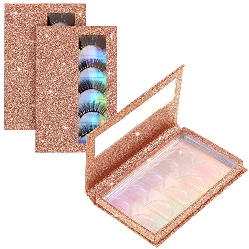 2 Packs 5 Pairs False Eyelash Storage Book Box Glitter Lash Storage Case Empty False Eyelash Storage Case Makeup Display Box Holder for Women Girls, Rose Gold