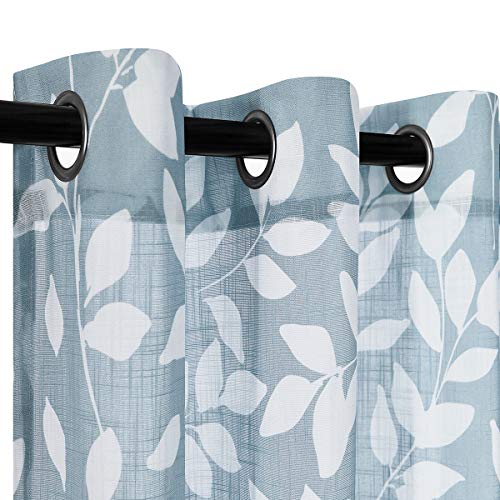 Image of Treatmentex Blue White Curtains for Studio Living Room 54 inch Length Leaves Print Semi-Sheer Curtain Panels for Kitchen Window, Grommet Top, 2 Pack