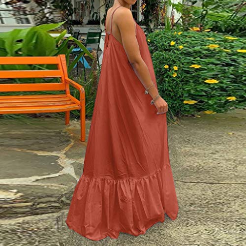 Women Loose Bohemian Long Maxi Dress Solid Spaghetti Strap Backless Ruffle Hem Beach Swing Dress With Pocket (Brown, L) #TOP3