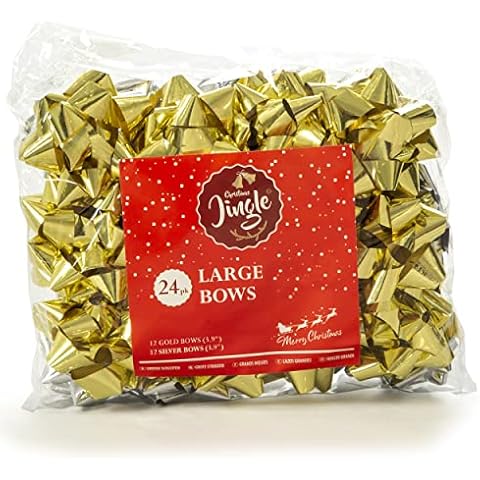 Christmas Jingle 24 Pack of Large Gold And Silver Bows - Multi-Pack of Christmas Bows Includes 12 Gold Bows and 12 Silver Bows - Christmas Wrapping and Gifting Cover